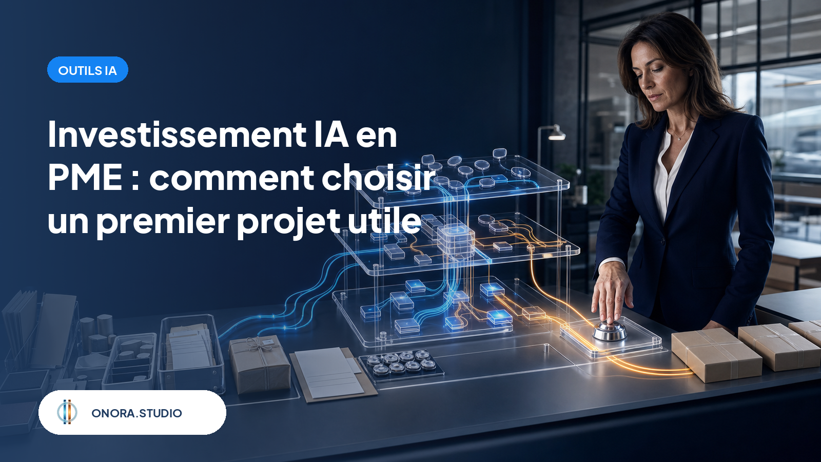 Une dirigeante valide un flux reliant un processus métier réel, ses données et une amélioration mesurable dans une scène sombre et premium.