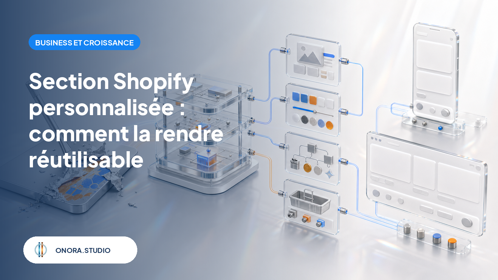 Une mécanique e-commerce de carte à gratter est décomposée en modules configurables reliés à des vues mobile et ordinateur abstraites.