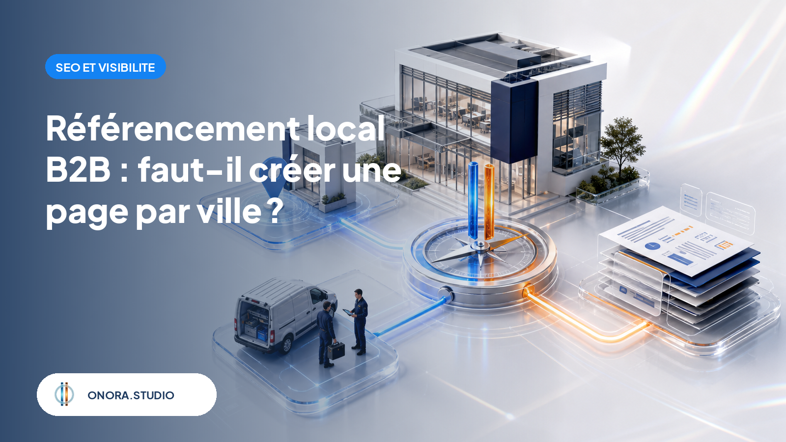 Un système territorial abstrait relie une entreprise B2B à un lieu physique, une intervention chez le client et un contenu local distinct, autour d’une boussole de décision.