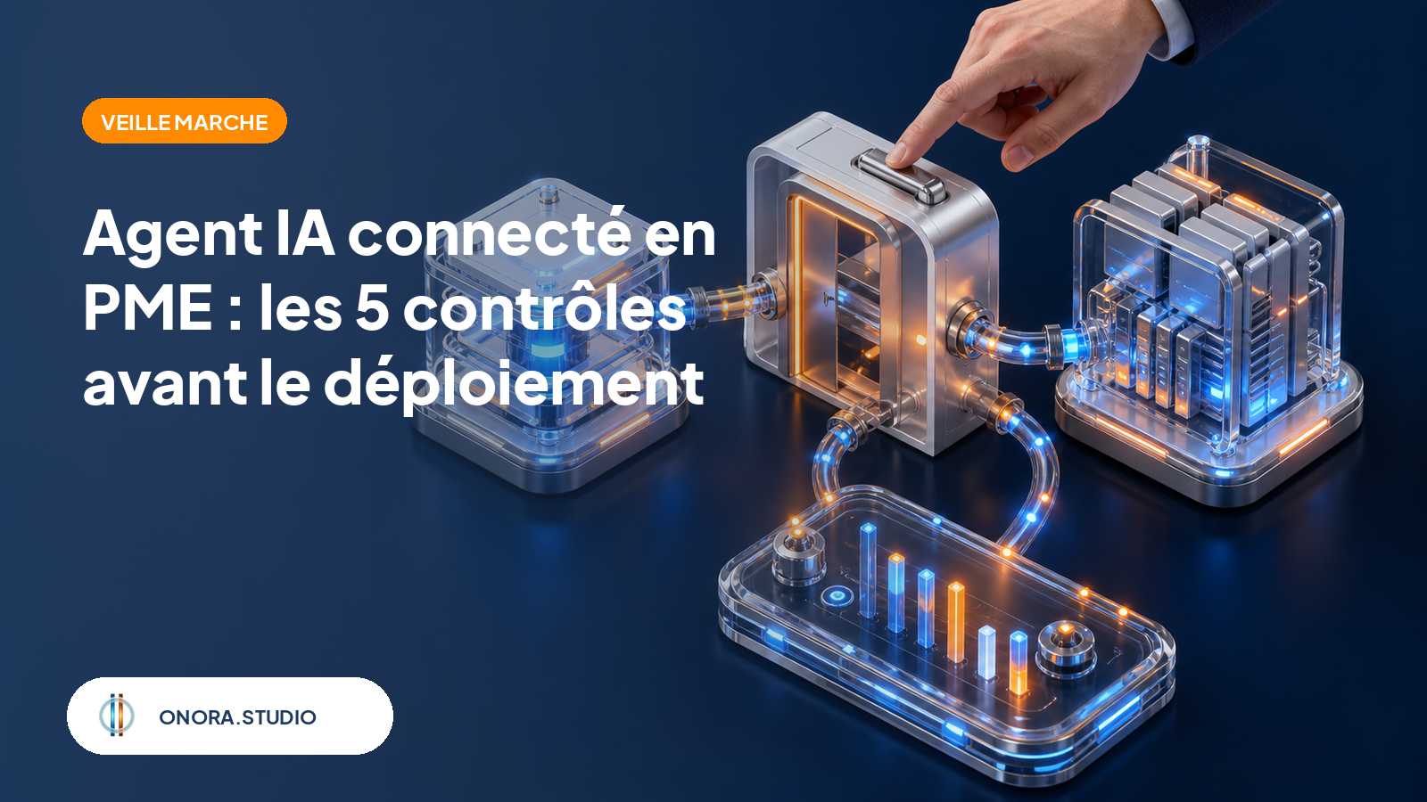 Illustration d'un système métier composé de modules reliés par des connexions sécurisées, avec une porte de validation humaine et une trace d'événements.