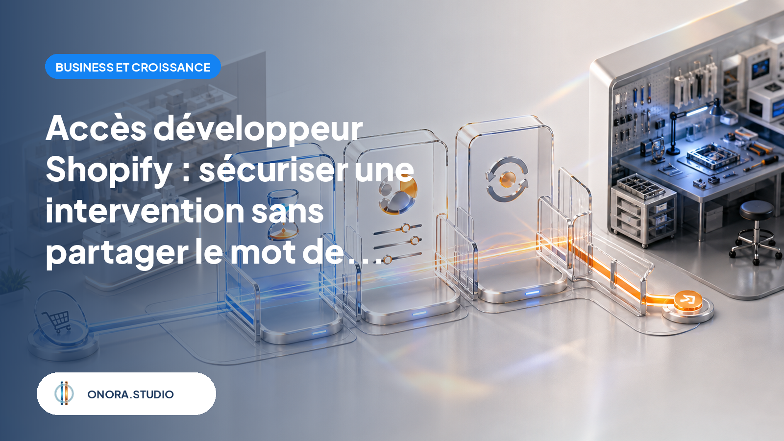 Illustration d'une boutique e-commerce reliée à un atelier technique par un sas composé de permissions séparées et réversibles.