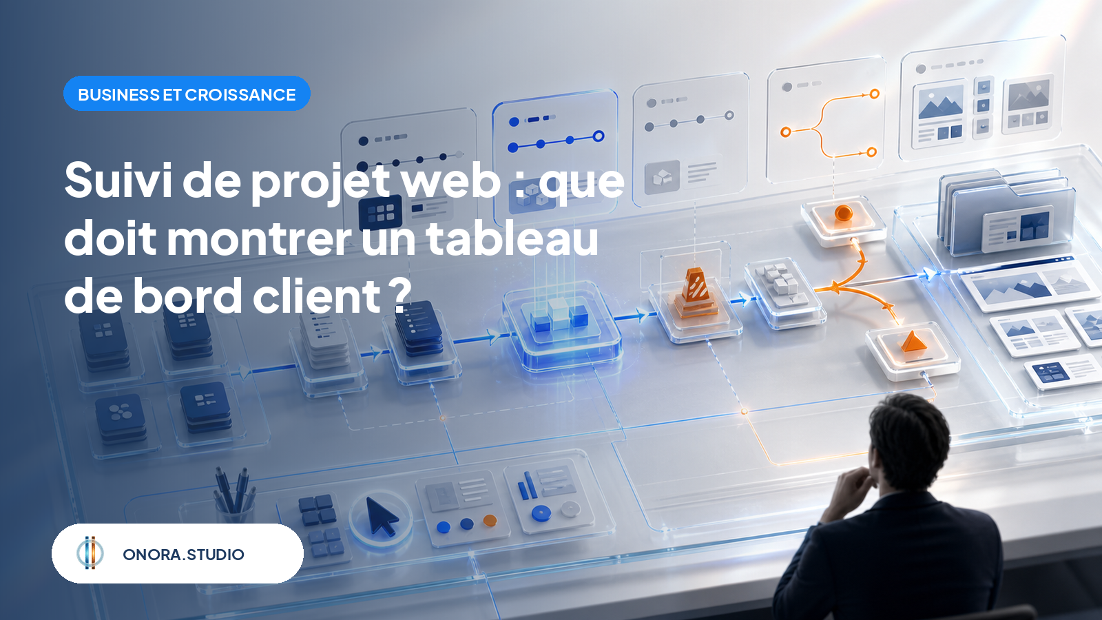 Illustration d'un projet web présenté comme un parcours partagé, avec étapes terminées, jalon actif, décision client, obstacle et livrables.