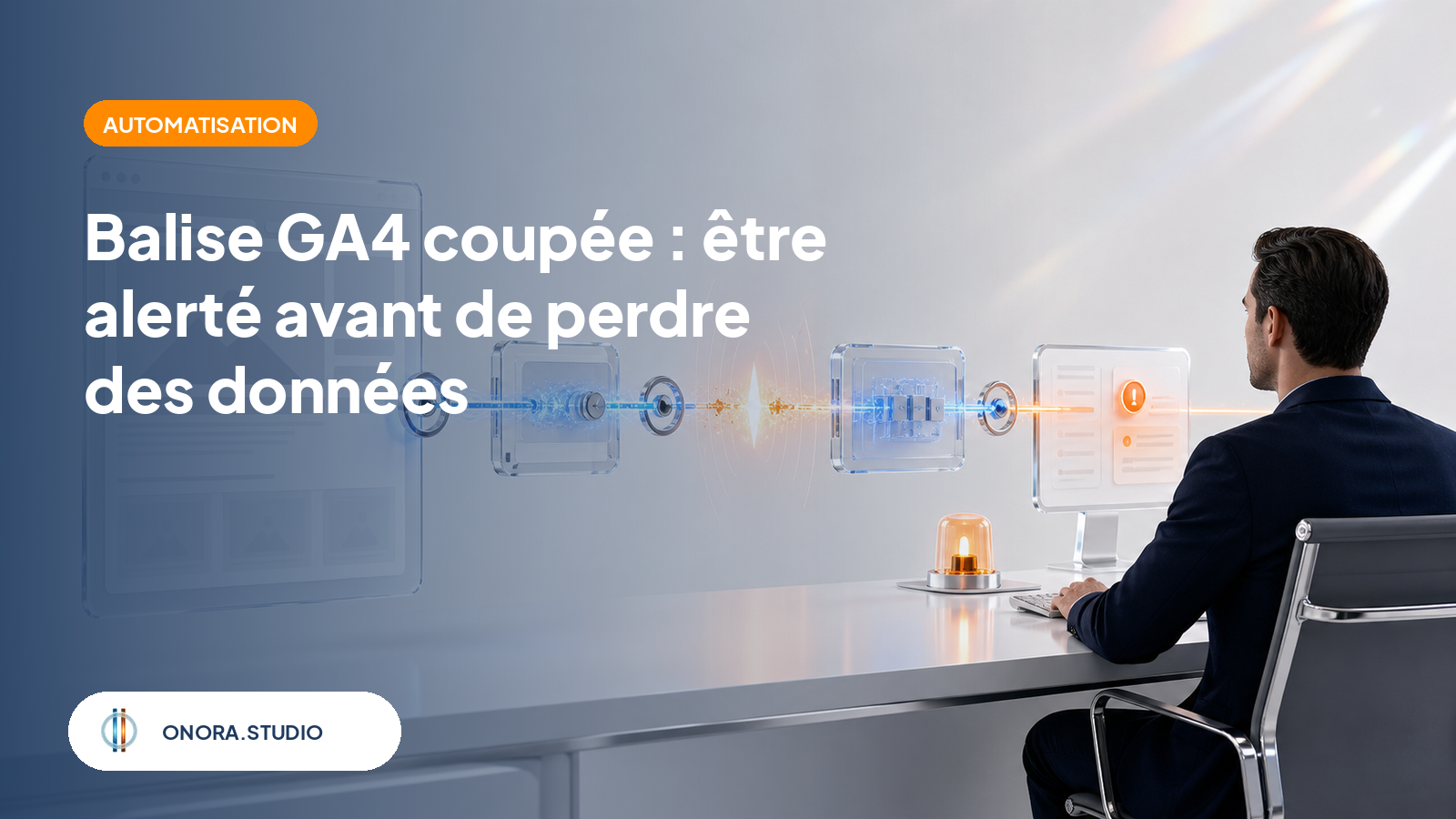 Un flux relie une page web à trois contrôles de collecte ; une coupure ambre déclenche une alerte vers un opérateur.