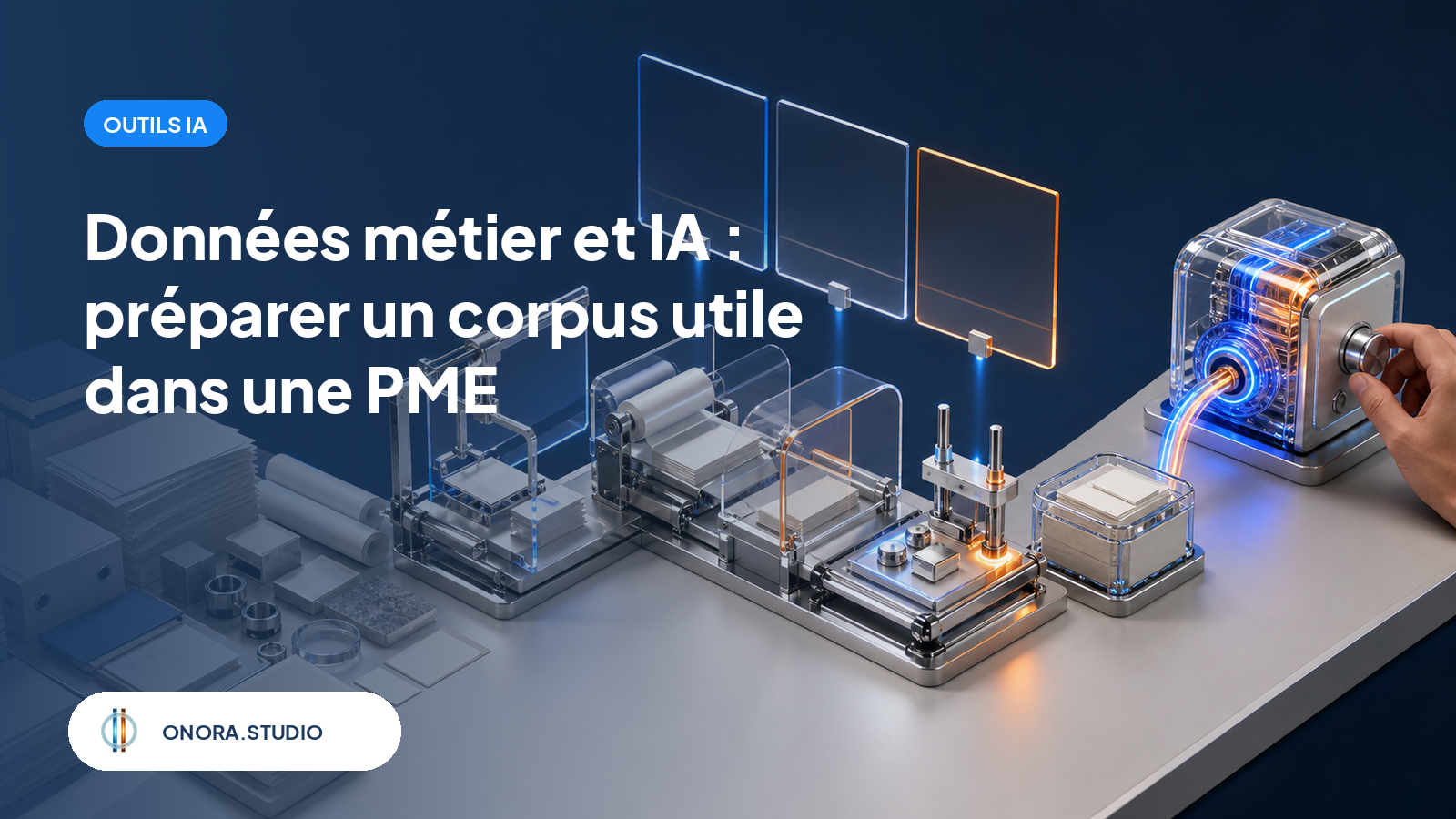 Des archives métier passent par des contrôles de sélection, de protection et de test avant de former un corpus compact utilisé sous validation humaine.