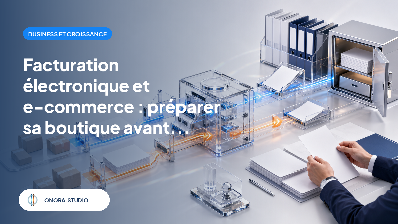Un circuit de facturation e-commerce sépare les commandes professionnelles et particulières, les fait passer par une passerelle de contrôle puis les relie à une comptabilité organisée sous supervision humaine.
